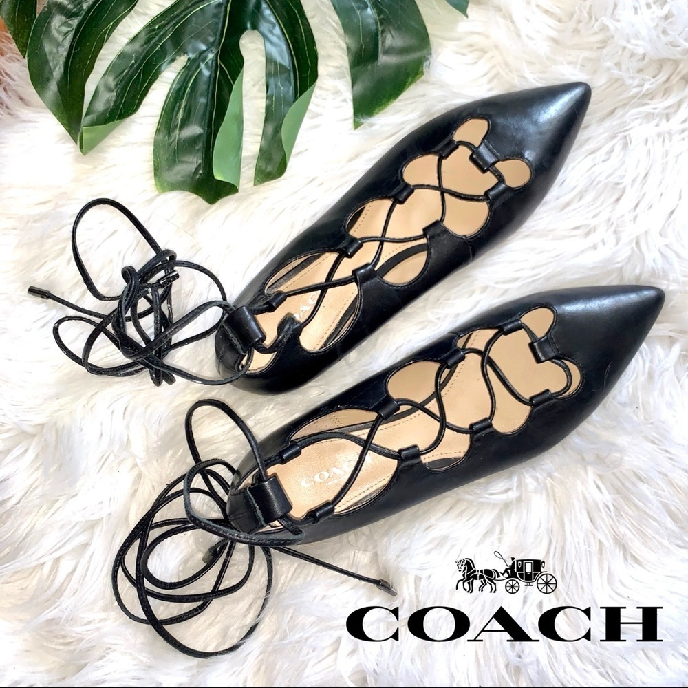 Coach Justine Black Leather Lace Up Ballerina Pointed Flats - Picture 13 of 13